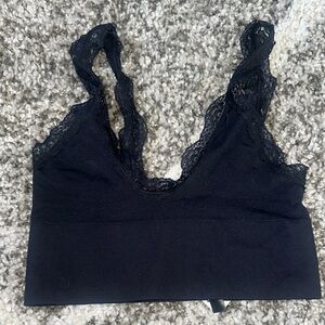 Black Lace Trim Seamless Bralette Crop Top Comfort‎ Everyday Lounge Size M